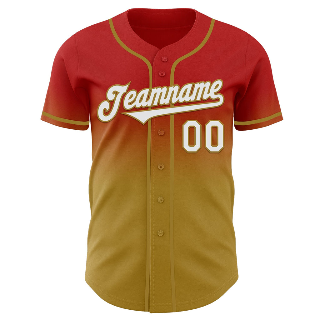 Custom Red White-Old Gold Authentic Fade Fashion Baseball Jersey