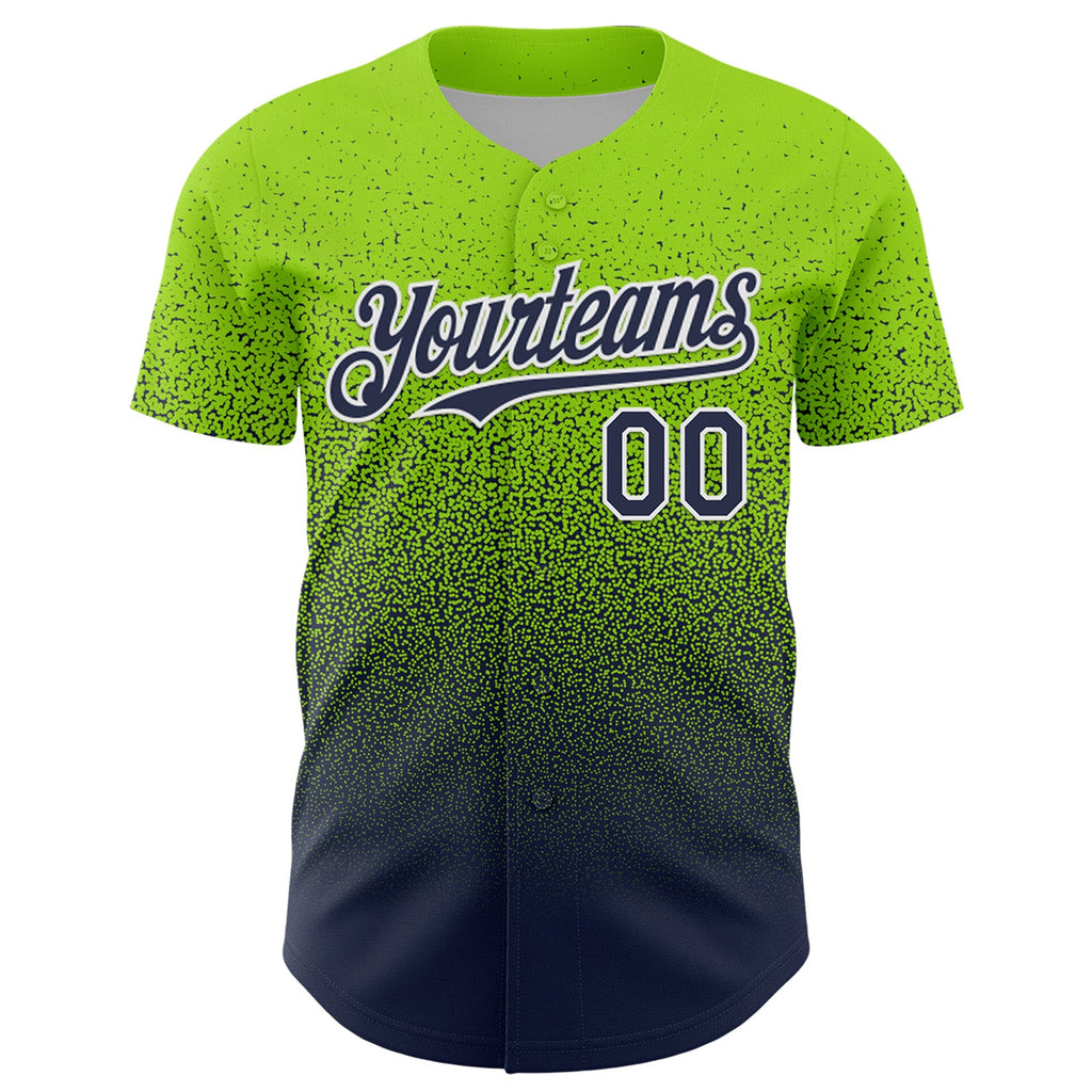 Custom Neon Green Navy-White Fade Fashion Speckle Authentic Baseball Jersey