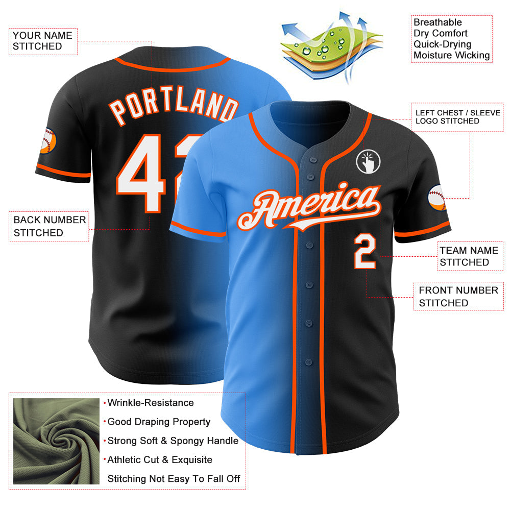 Custom Black White Electric Blue-Orange Authentic Gradient Fashion Baseball Jersey
