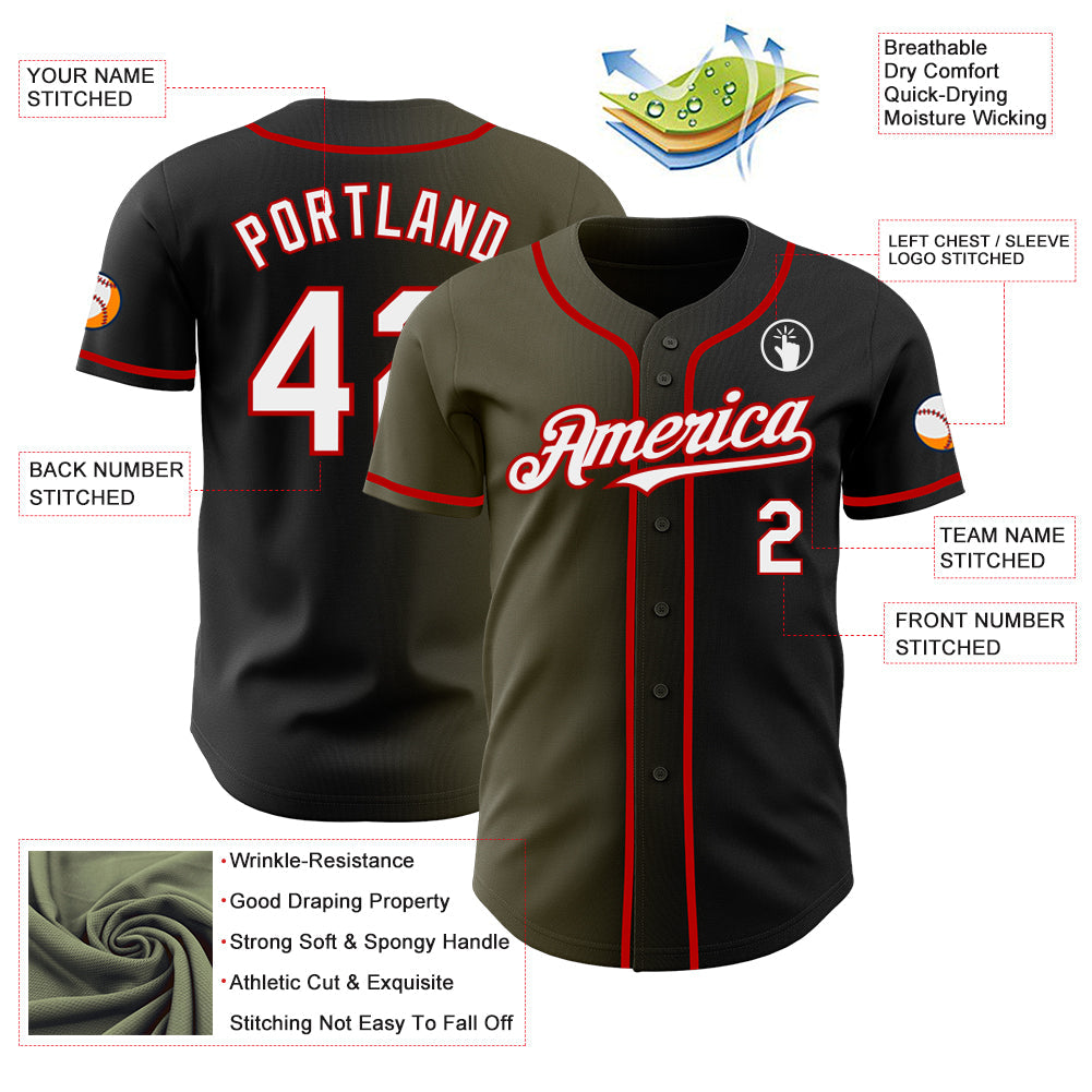 Custom Black White Olive-Red Authentic Gradient Fashion Baseball Jersey
