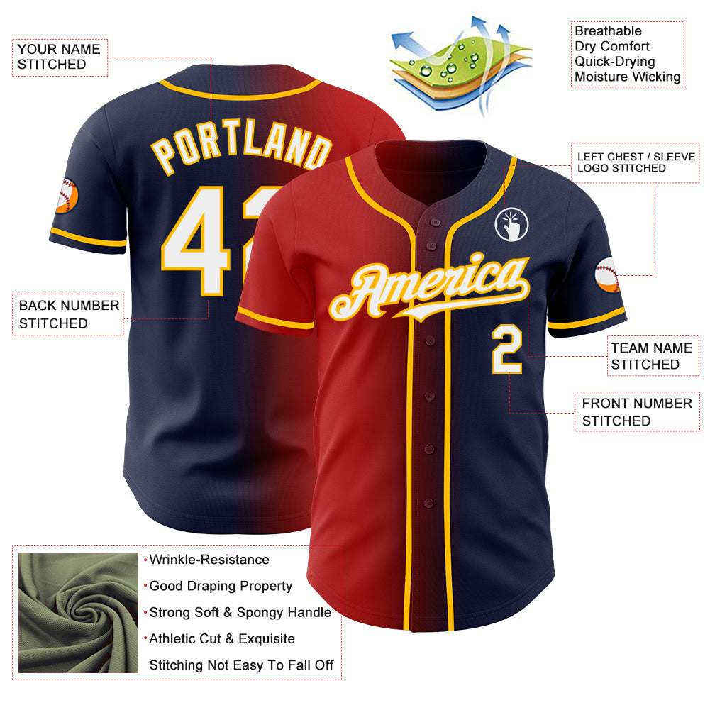 Custom Navy White Red-Gold Authentic Gradient Fashion Baseball Jersey