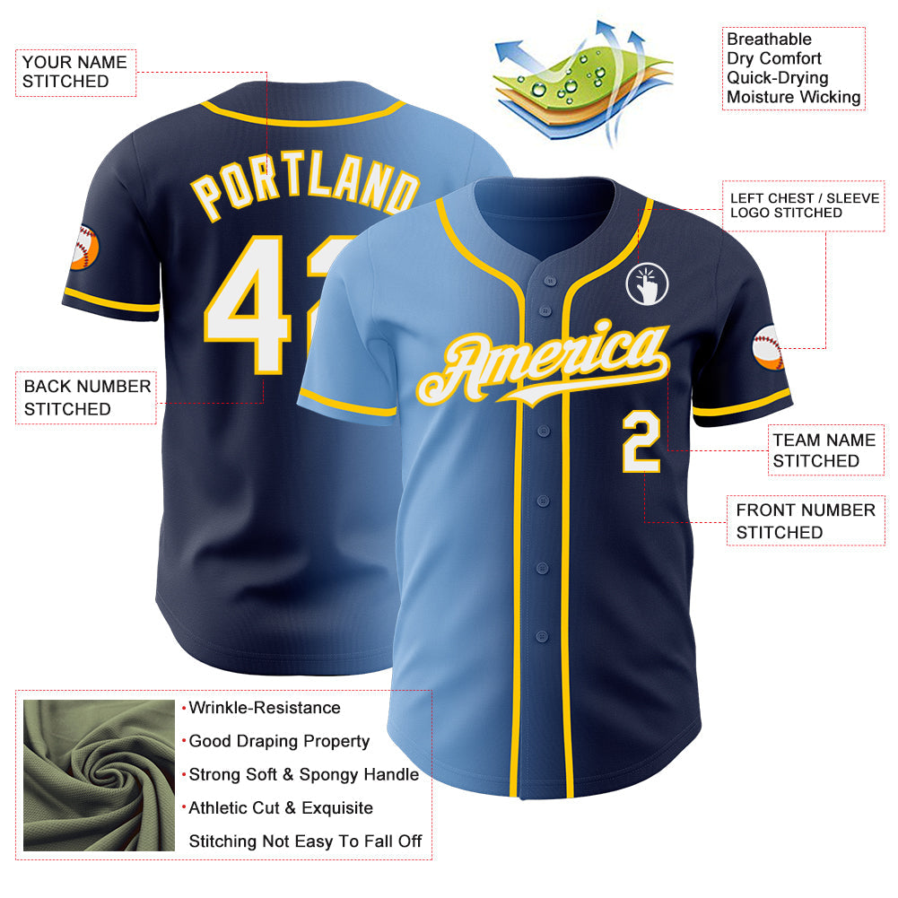 Custom Navy White Light Blue-Yellow Authentic Gradient Fashion Baseball Jersey