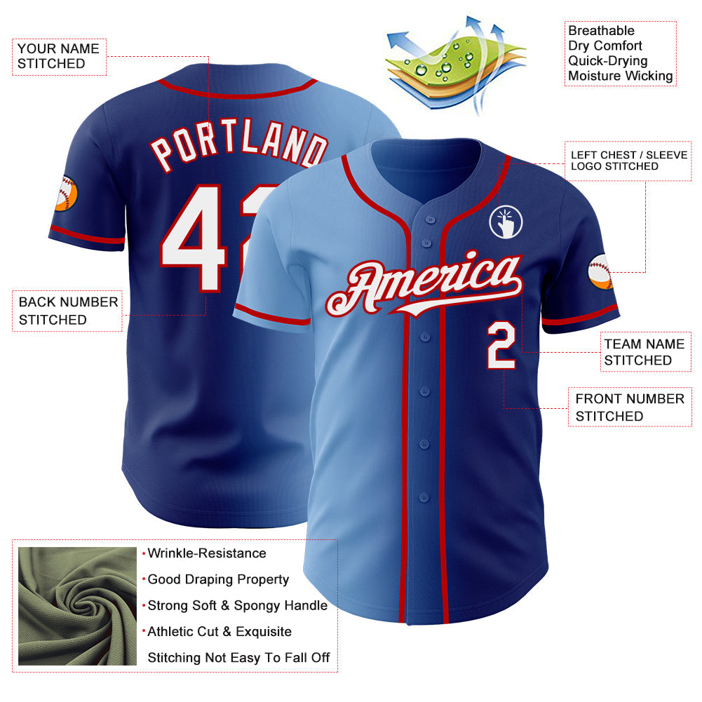 Custom Royal White Light Blue-Red Authentic Gradient Fashion Baseball Jersey