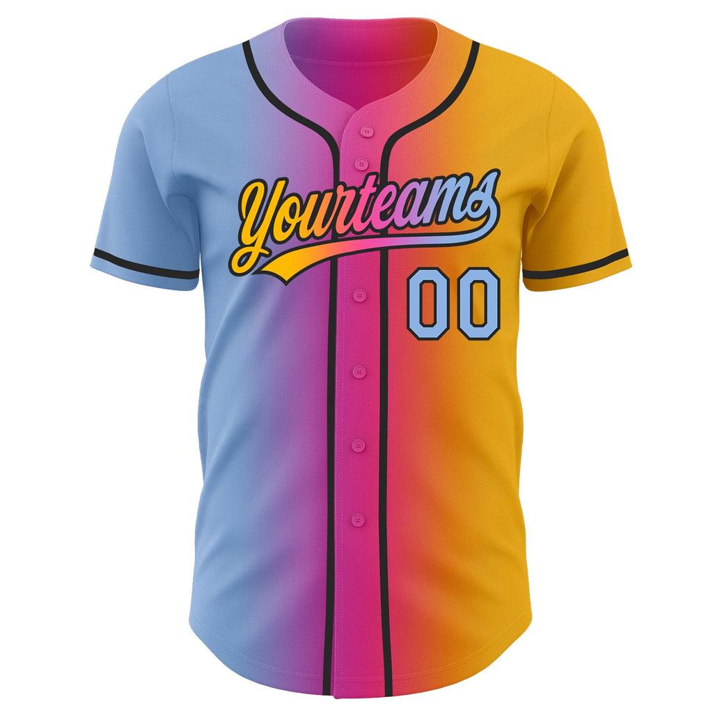 Custom Gold Light Blue Pink-Black Authentic Gradient Fashion Baseball Jersey