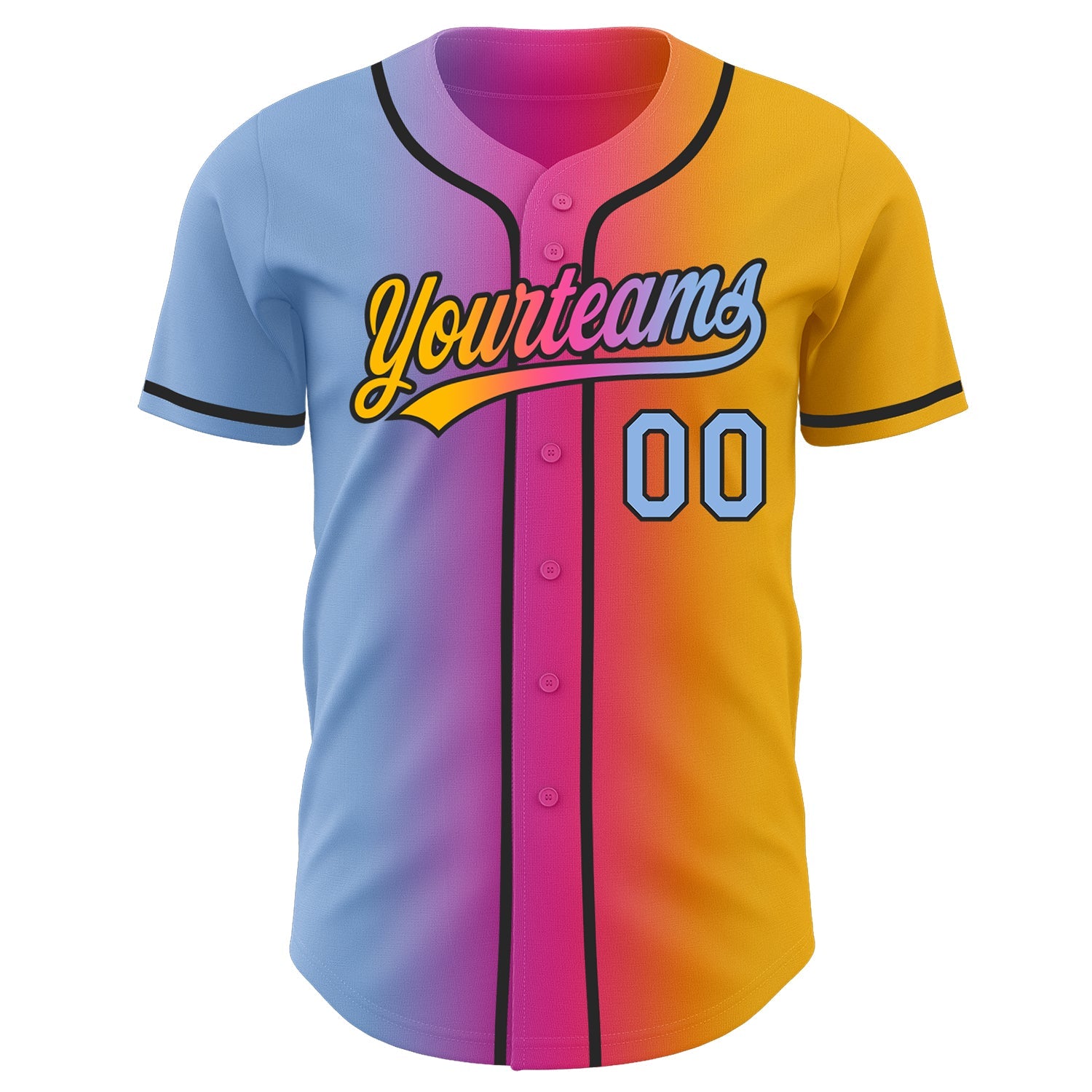 Custom Gold Light Blue Pink-Black Authentic Gradient Fashion Baseball Jersey