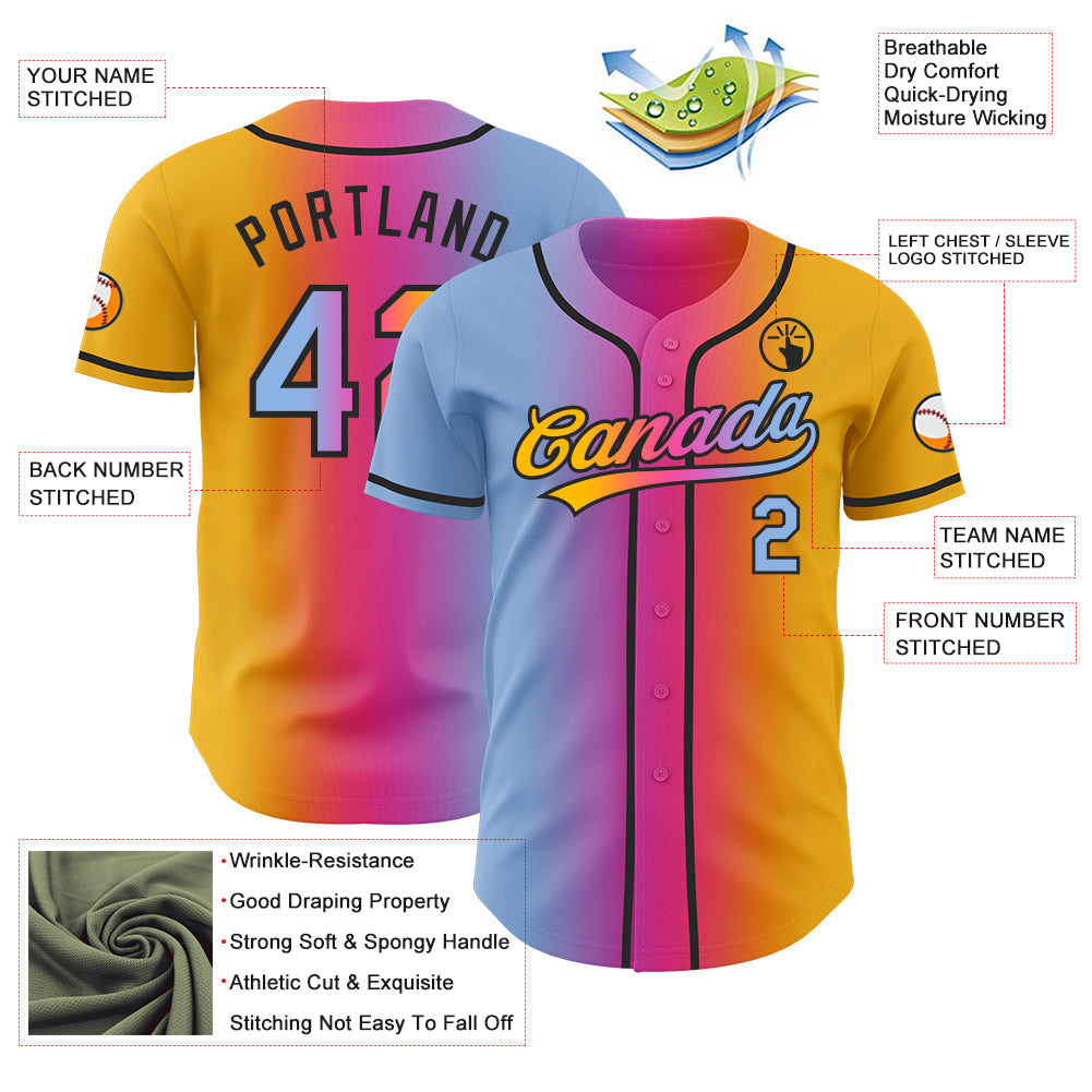Custom Gold Light Blue Pink-Black Authentic Gradient Fashion Baseball Jersey