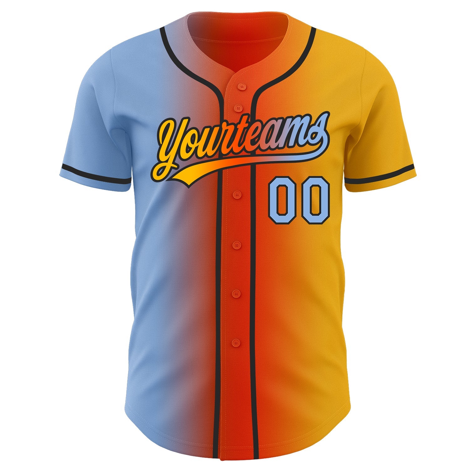 Custom Gold Light Blue Orange-Black Authentic Gradient Fashion Baseball Jersey