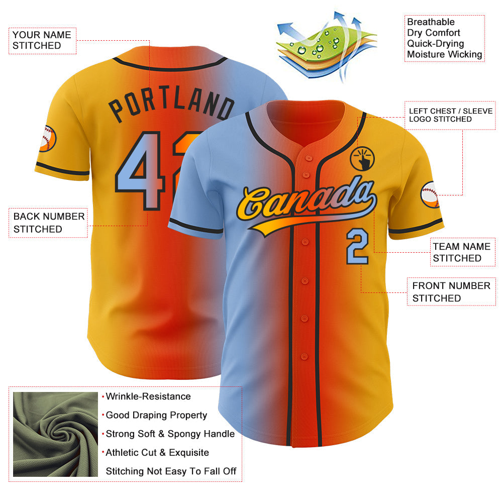 Custom Gold Light Blue Orange-Black Authentic Gradient Fashion Baseball Jersey