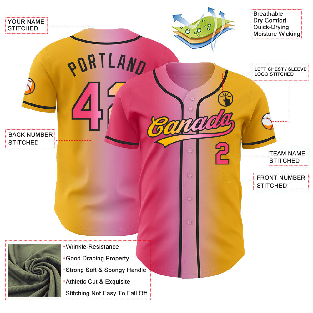 Custom Gold Neon Pink Light Pink-Black Authentic Gradient Fashion Baseball Jersey