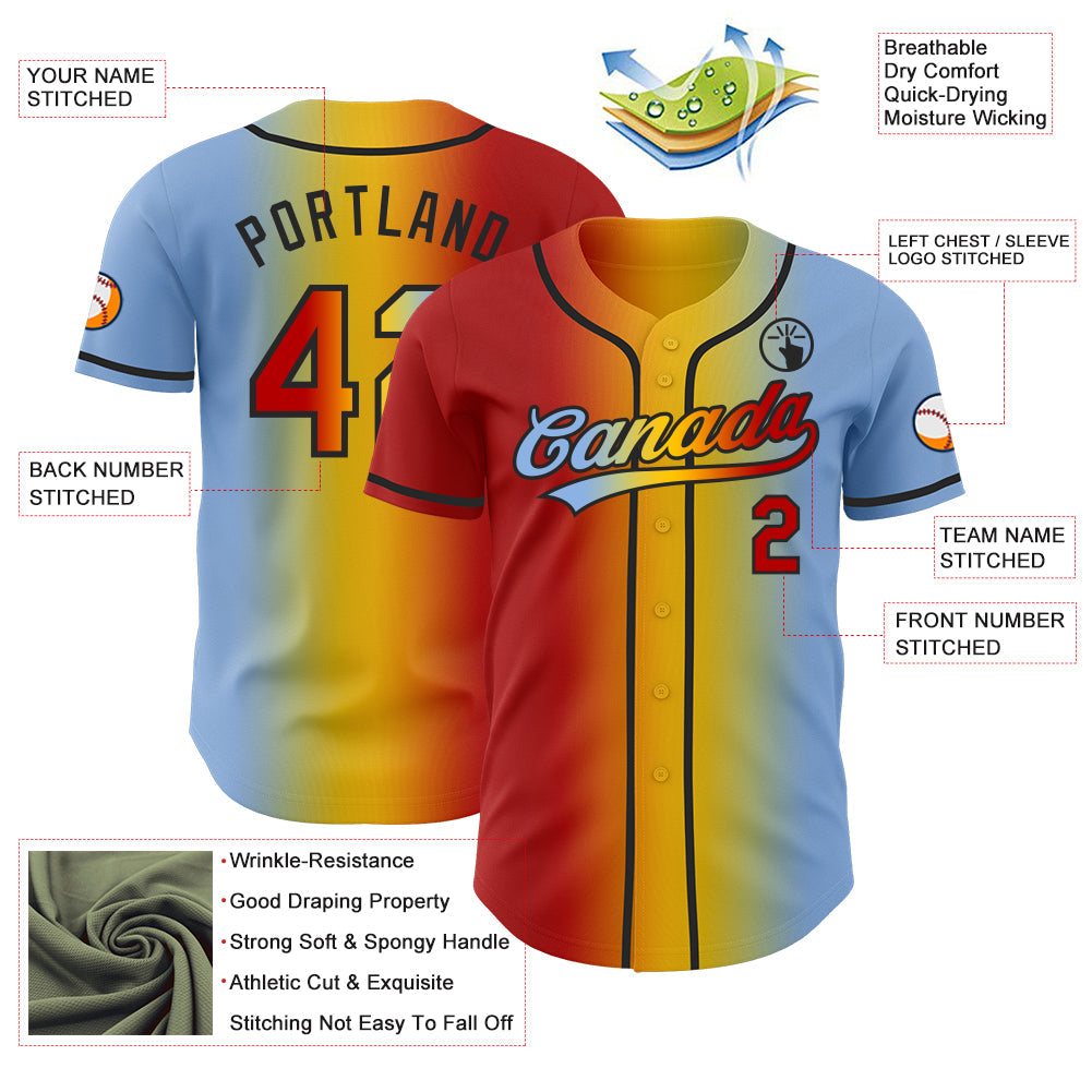 Custom Light Blue Red Yellow-Black Authentic Gradient Fashion Baseball Jersey
