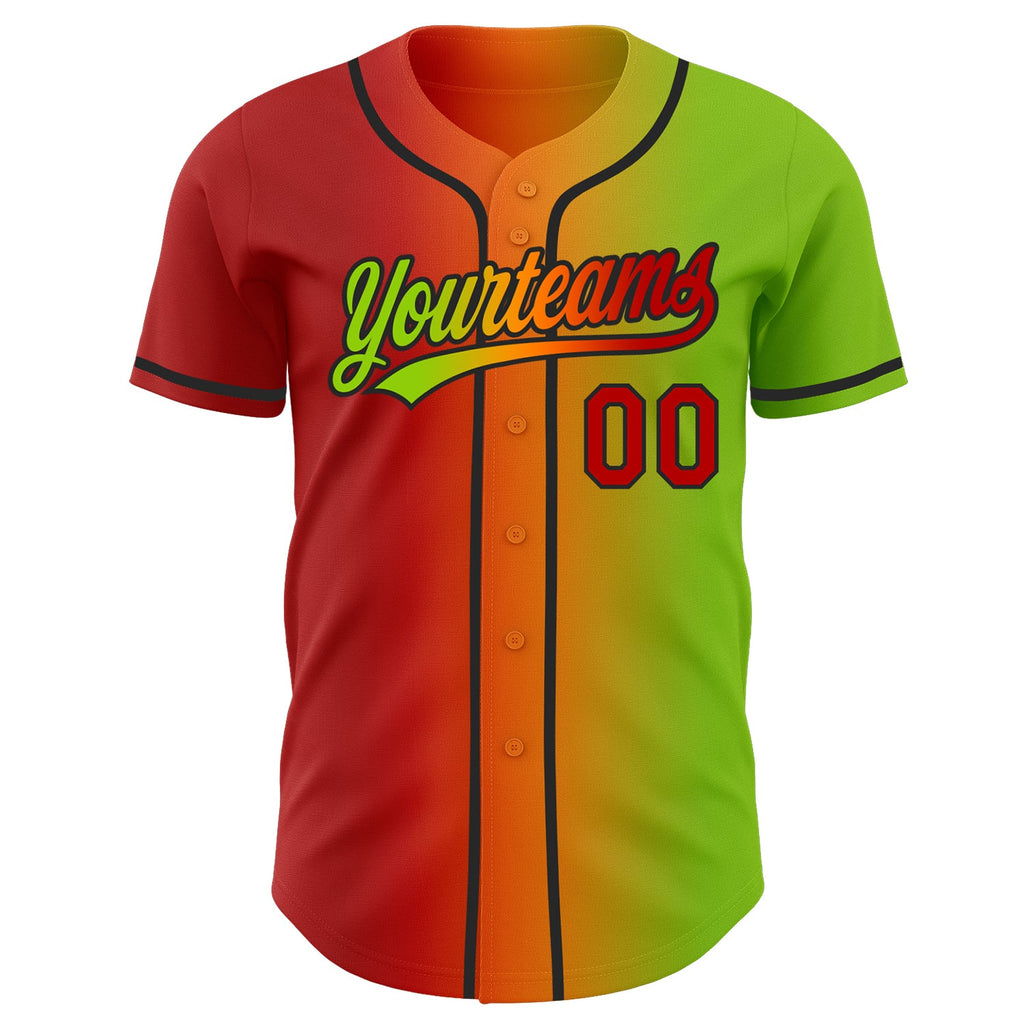 Custom Neon Green Red Bay Orange-Black Authentic Gradient Fashion Baseball Jersey