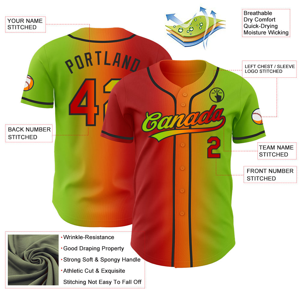 Custom Neon Green Red Bay Orange-Black Authentic Gradient Fashion Baseball Jersey