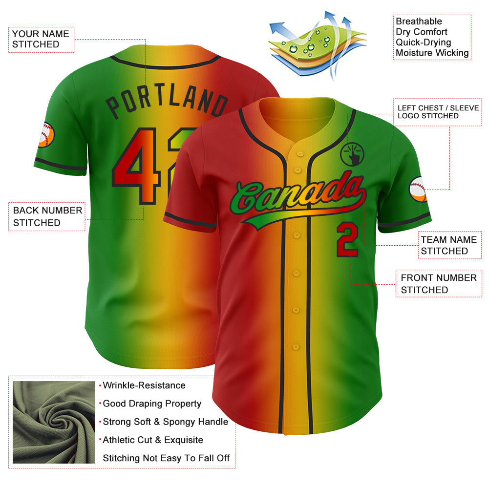 Custom Grass Green Red Yellow-Black Authentic Gradient Fashion Baseball Jersey