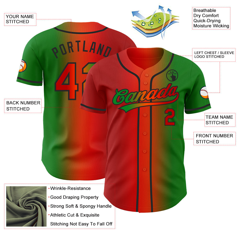 Custom Grass Green Red Orange-Black Authentic Gradient Fashion Baseball Jersey