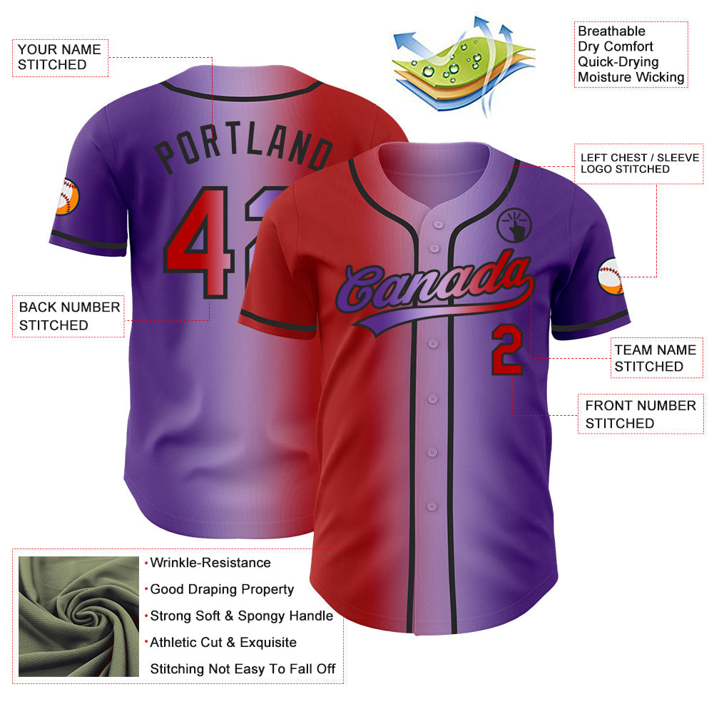 Custom Purple Red Light Purple-Black Authentic Gradient Fashion Baseball Jersey
