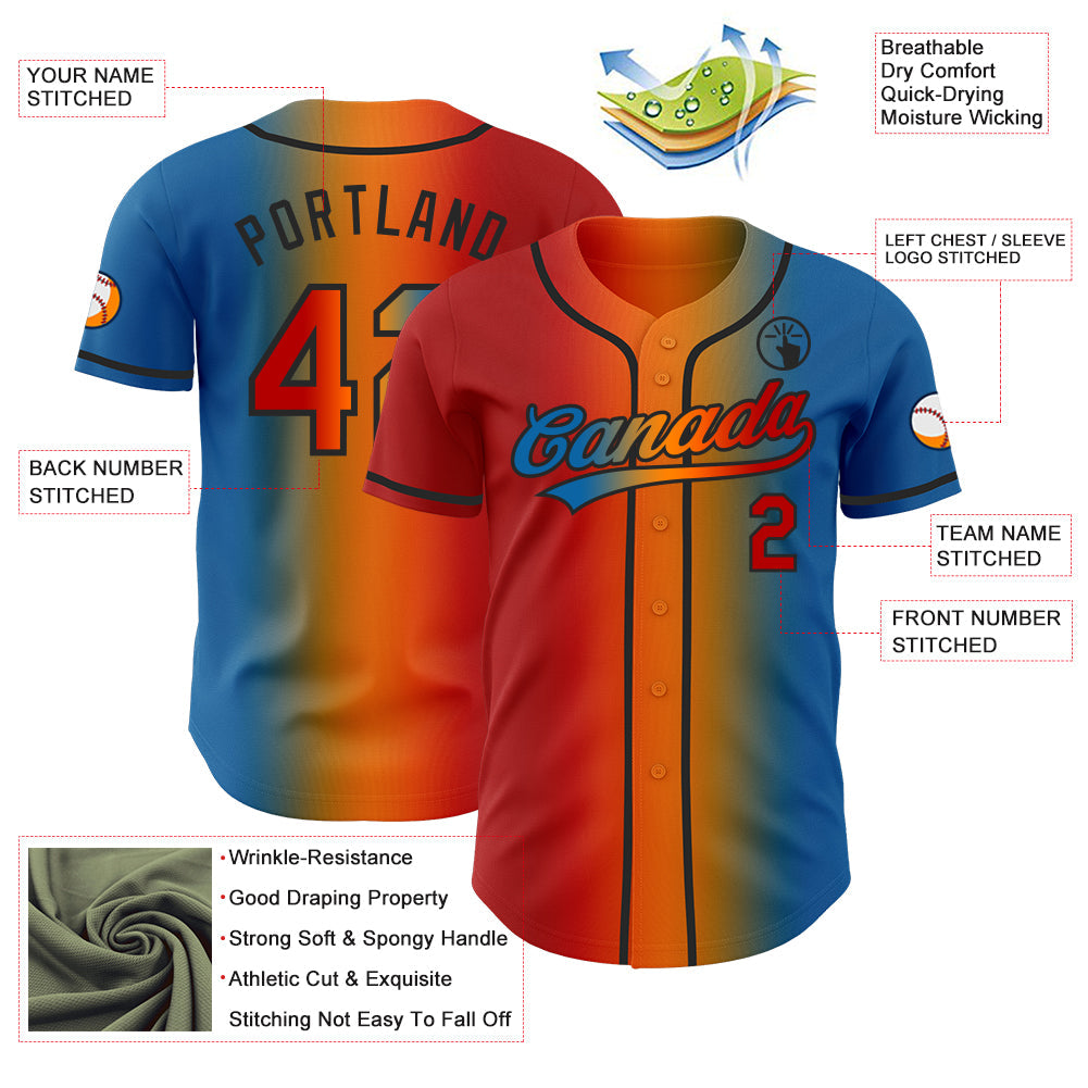 Custom Blue Red Bay Orange-Black Authentic Gradient Fashion Baseball Jersey