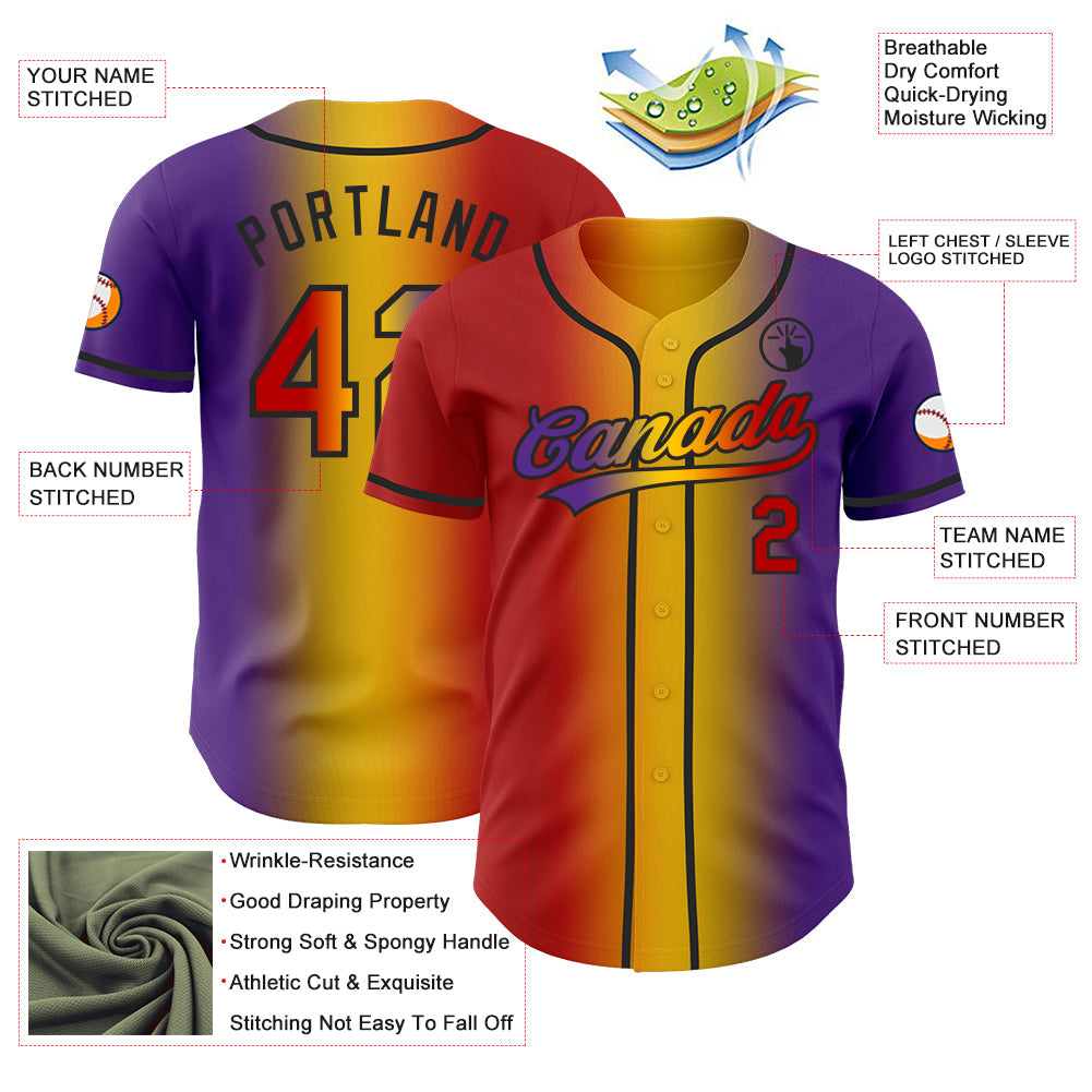 Custom Purple Red Yellow-Black Authentic Gradient Fashion Baseball Jersey