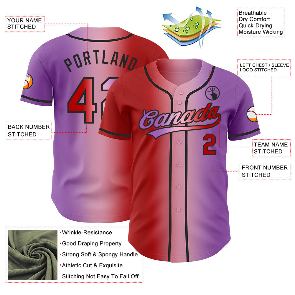 Custom Medium Purple Red Light Pink-Black Authentic Gradient Fashion Baseball Jersey