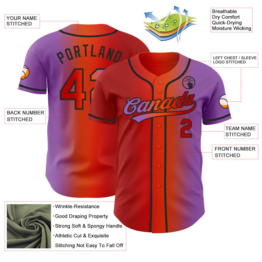 Custom Medium Purple Red Orange-Black Authentic Gradient Fashion Baseball Jersey