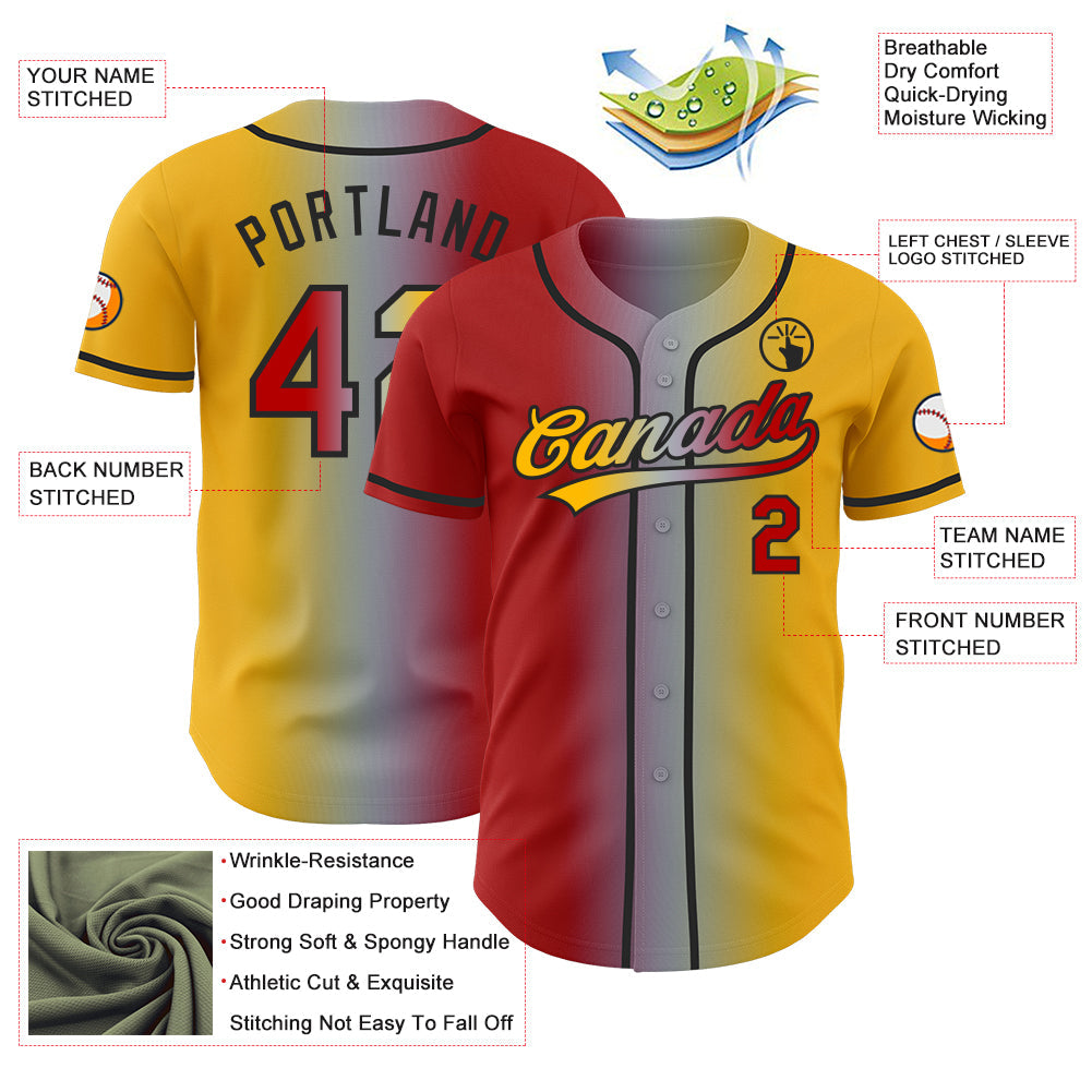 Custom Gold Red Gray-Black Authentic Gradient Fashion Baseball Jersey