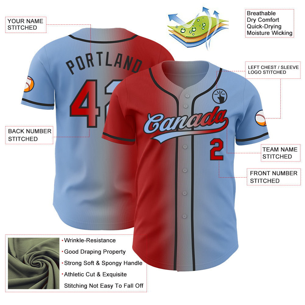 Custom Light Blue Red Gray-Black Authentic Gradient Fashion Baseball Jersey