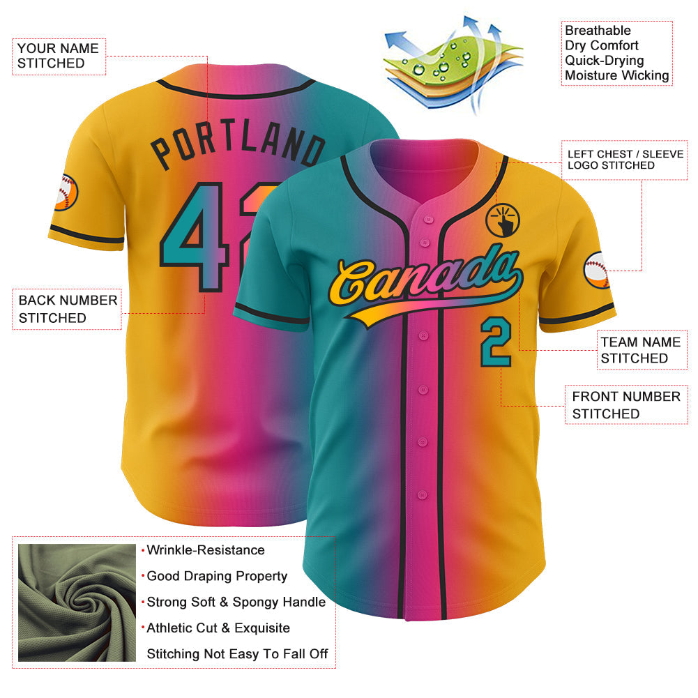 Custom Gold Teal Pink-Black Authentic Gradient Fashion Baseball Jersey