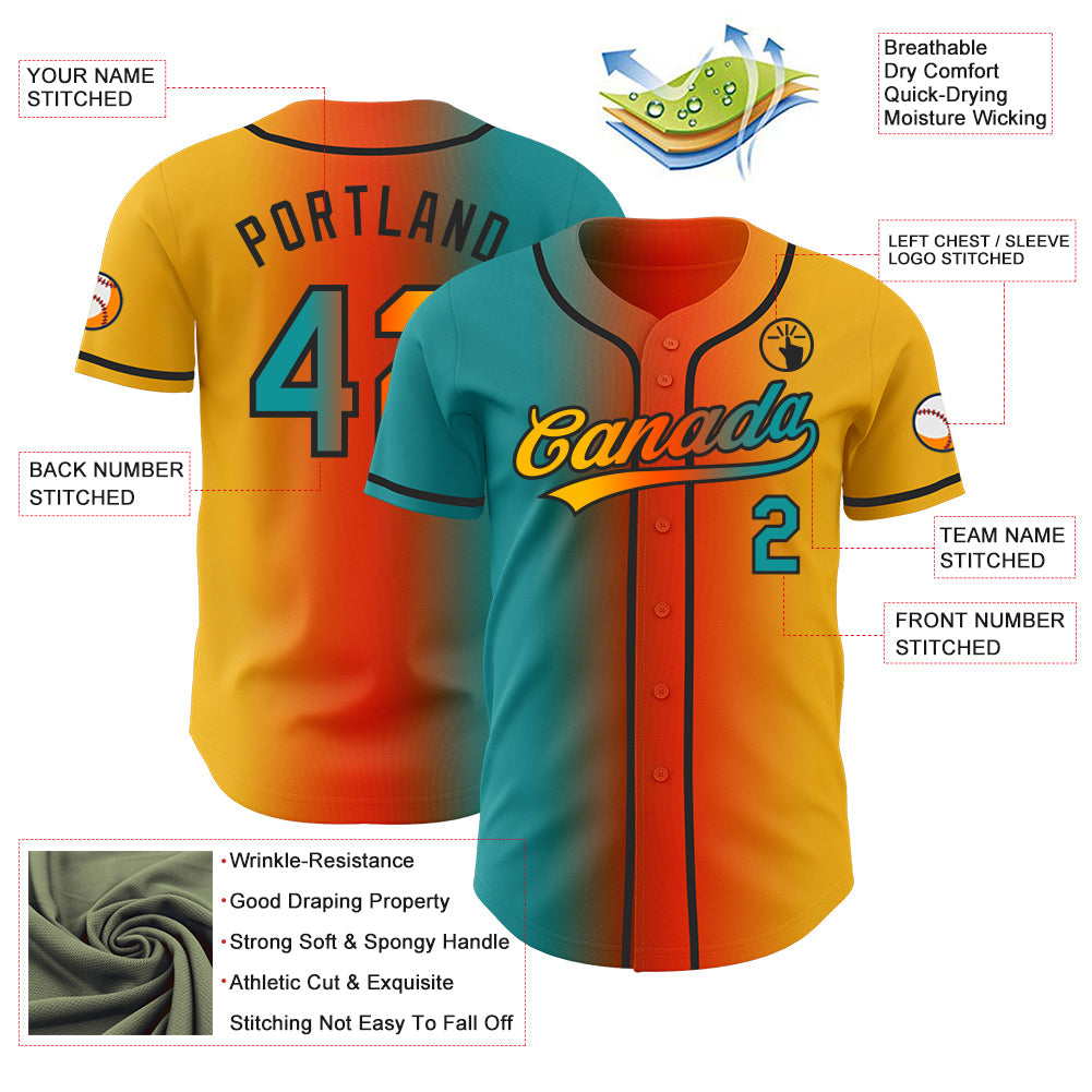 Custom Gold Teal Orange-Black Authentic Gradient Fashion Baseball Jersey