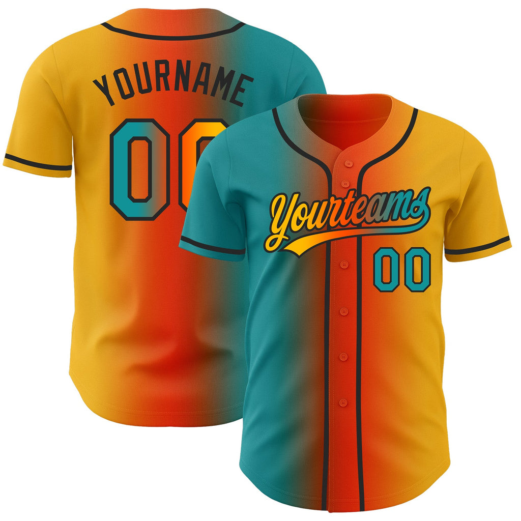 Custom Gold Teal Orange-Black Authentic Gradient Fashion Baseball Jersey