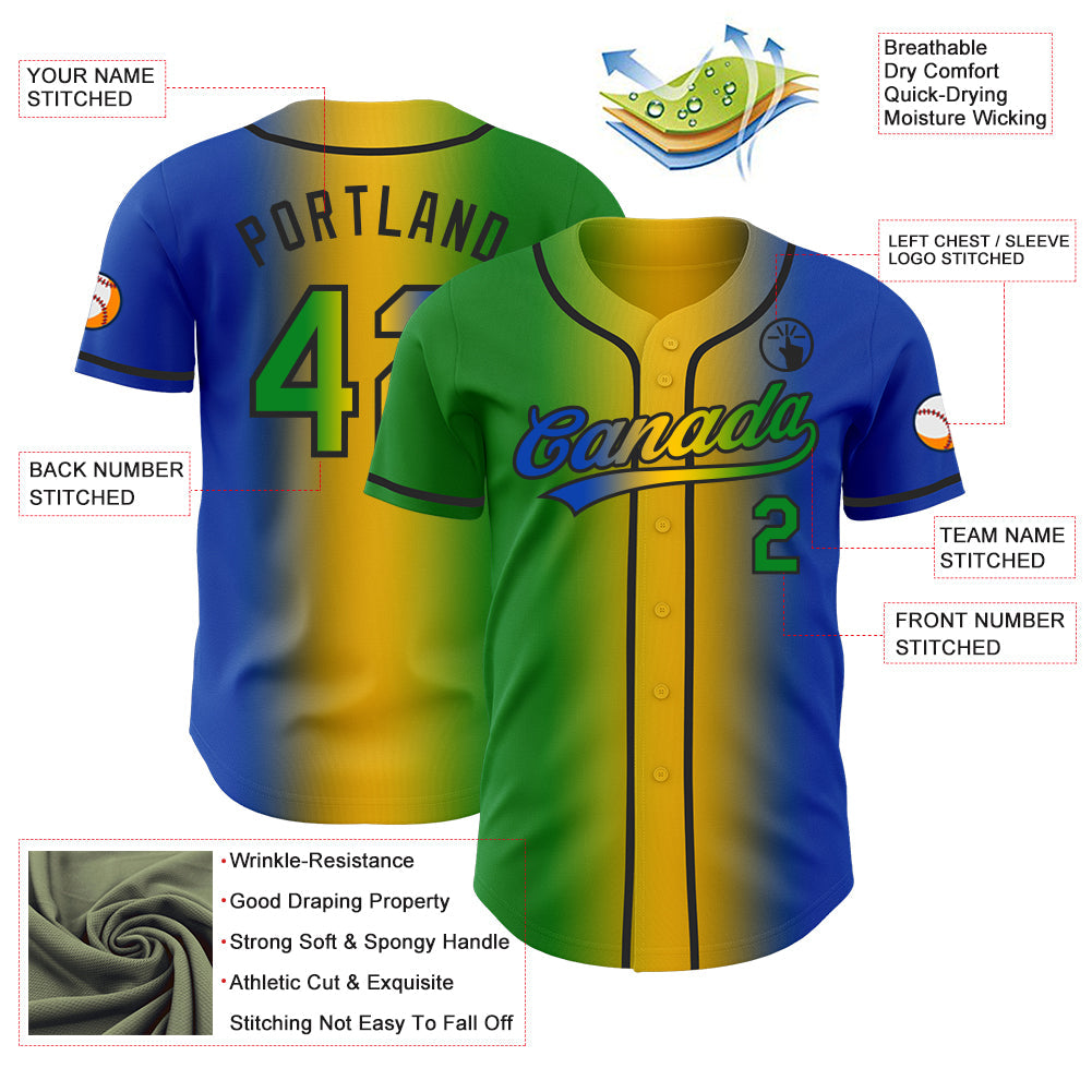 Custom Thunder Blue Grass Green Yellow-Black Authentic Gradient Fashion Baseball Jersey