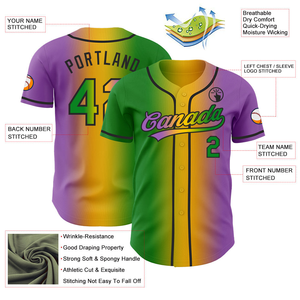 Custom Medium Purple Grass Green Yellow-Black Authentic Gradient Fashion Baseball Jersey