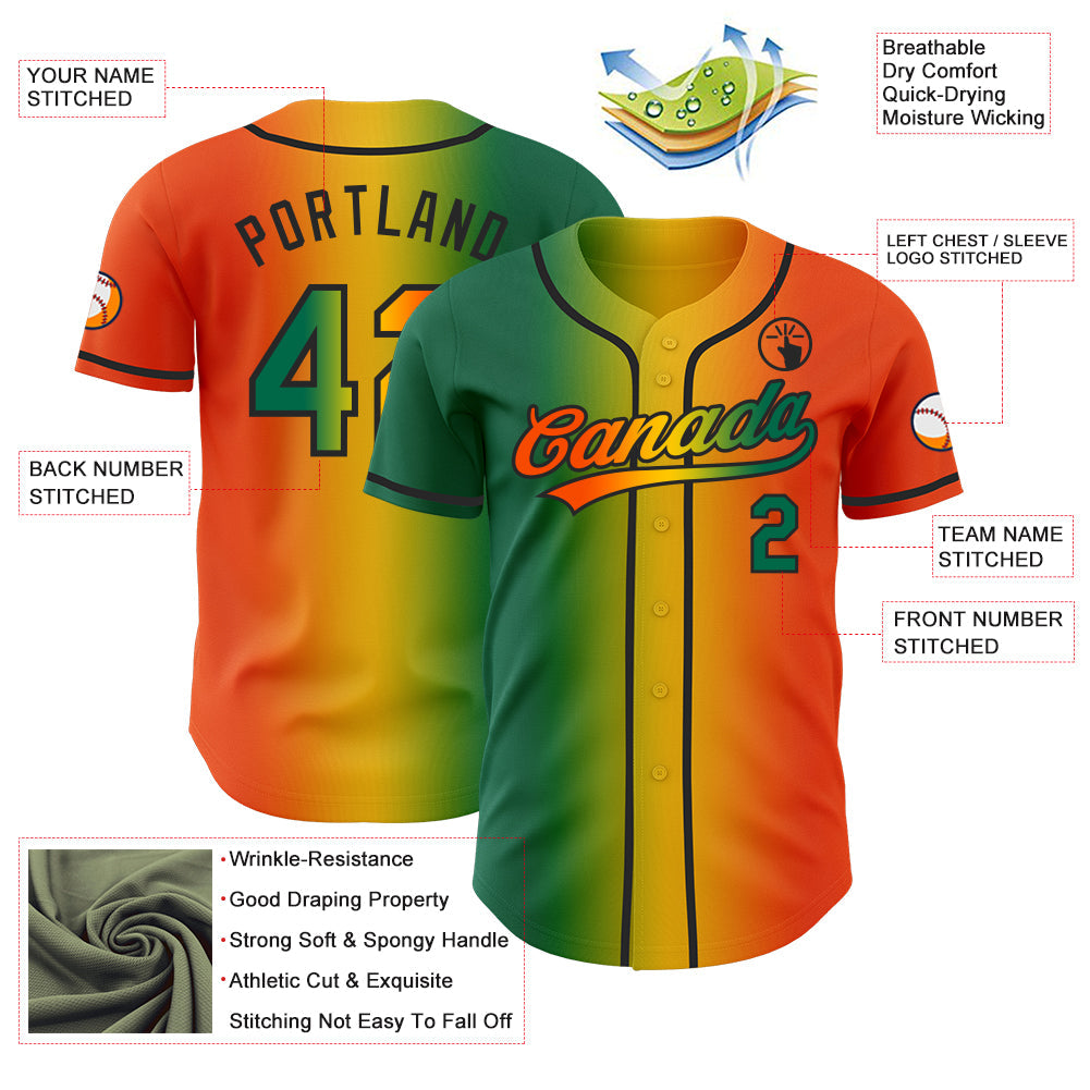 Custom Orange Kelly Green Yellow-Black Authentic Gradient Fashion Baseball Jersey