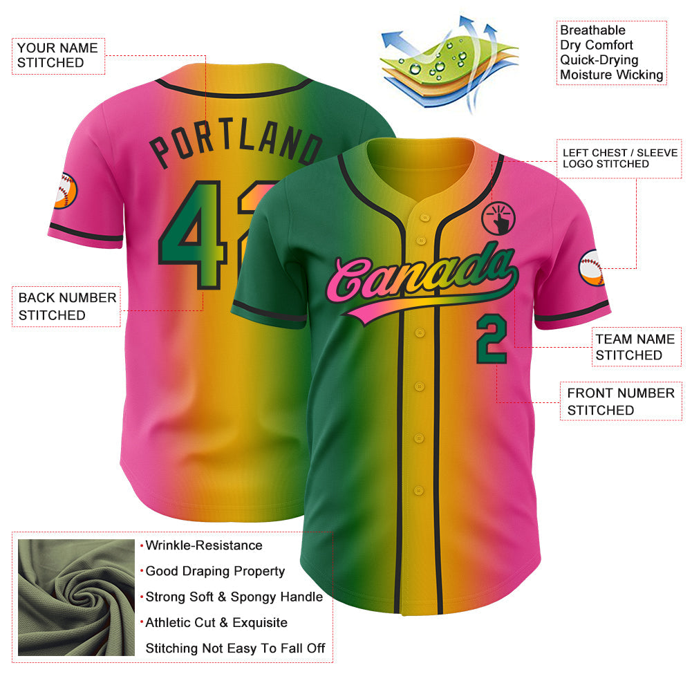 Custom Pink Kelly Green Yellow-Black Authentic Gradient Fashion Baseball Jersey