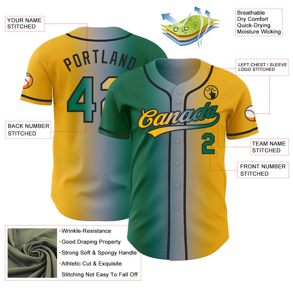 Custom Gold Kelly Green Gray-Black Authentic Gradient Fashion Baseball Jersey