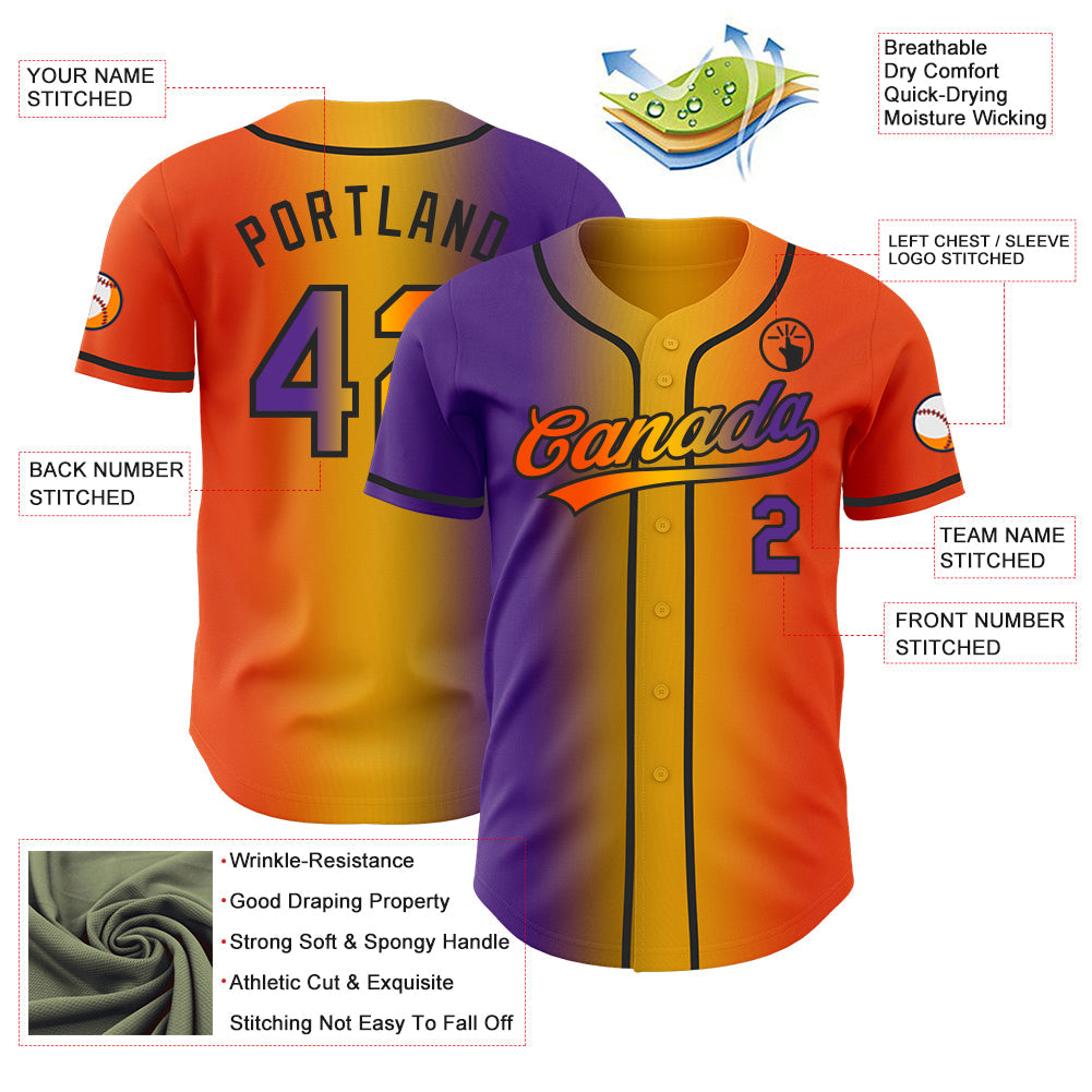 Custom Orange Purple Gold-Black Authentic Gradient Fashion Baseball Jersey