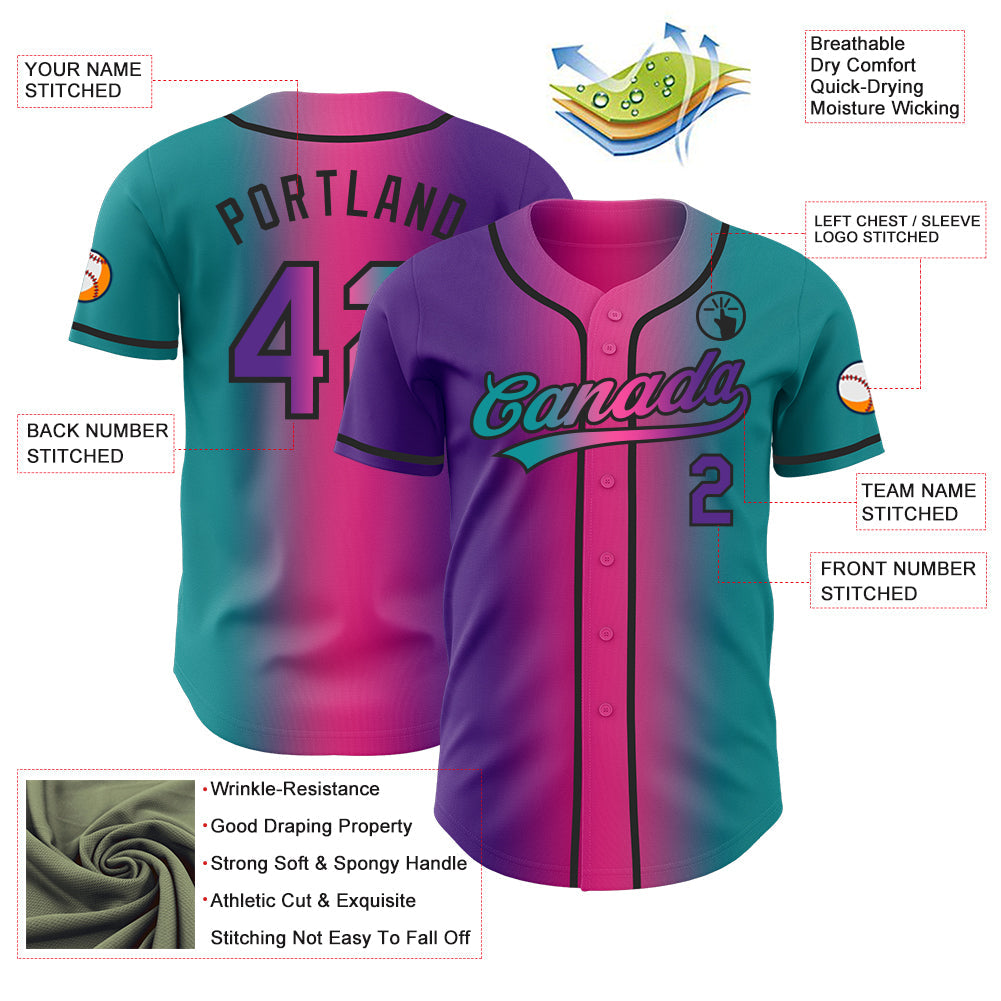 Custom Teal Purple Pink-Black Authentic Gradient Fashion Baseball Jersey