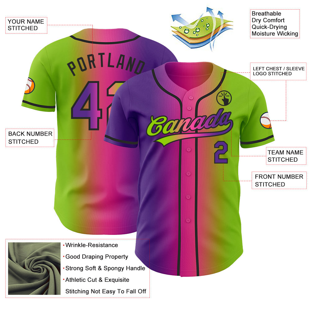 Custom Neon Green Purple Pink-Black Authentic Gradient Fashion Baseball Jersey