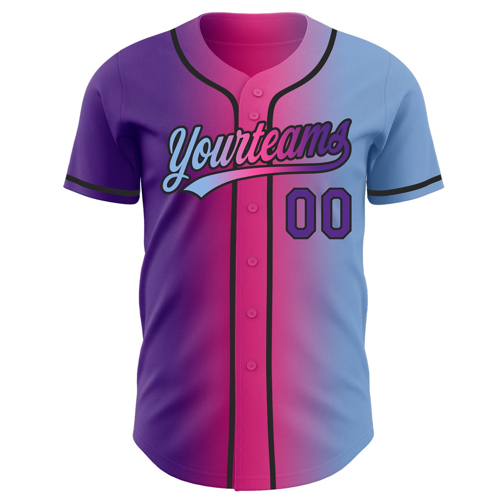Custom Light Blue Purple Pink-Black Authentic Gradient Fashion Baseball Jersey