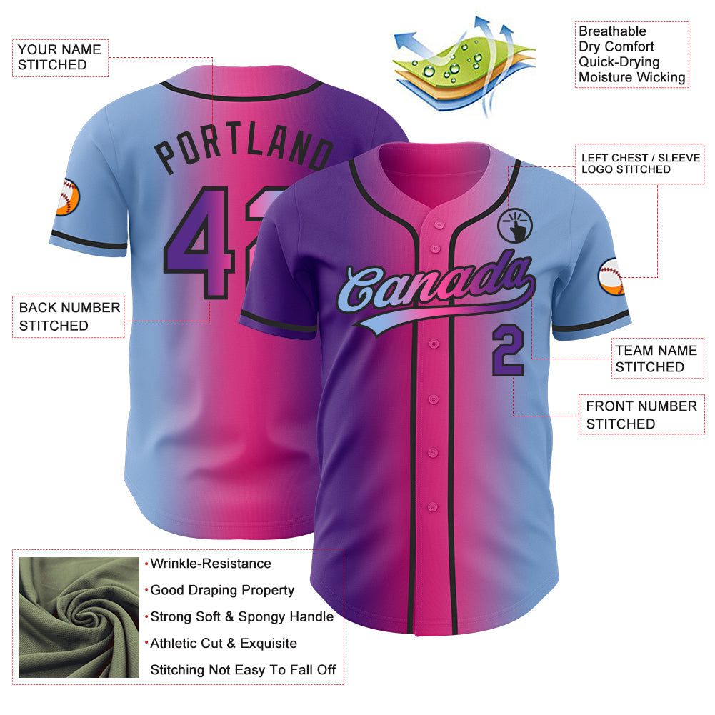 Custom Light Blue Purple Pink-Black Authentic Gradient Fashion Baseball Jersey