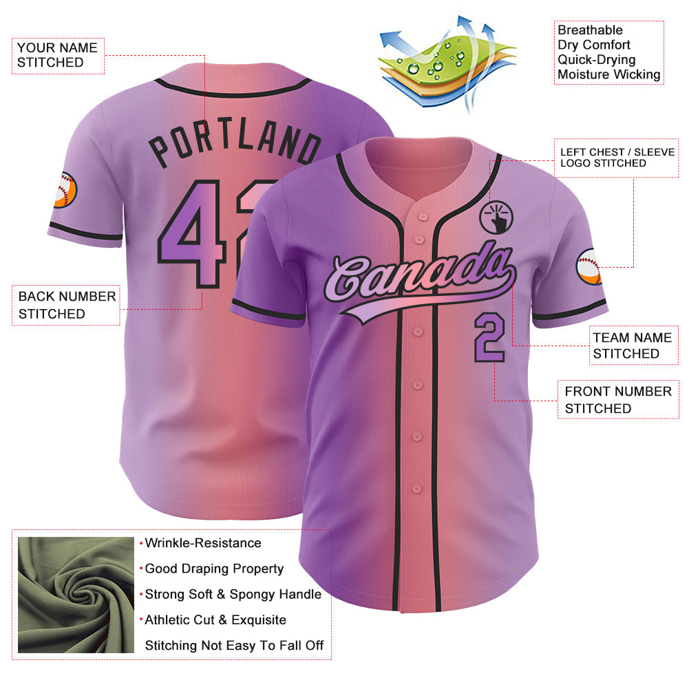 Custom Light Purple Medium Purple Medium Pink-Black Authentic Gradient Fashion Baseball Jersey