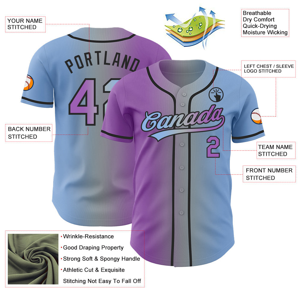 Custom Light Blue Medium Purple Gray-Black Authentic Gradient Fashion Baseball Jersey