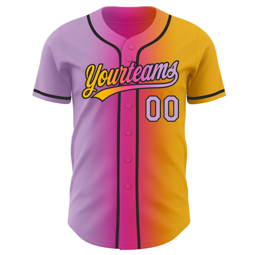 Custom Gold Light Purple Pink-Black Authentic Gradient Fashion Baseball Jersey