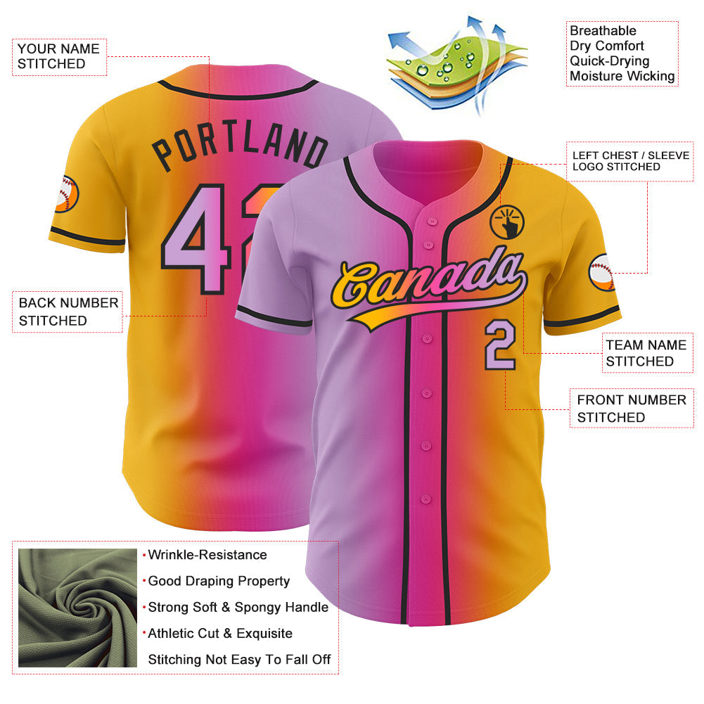 Custom Gold Light Purple Pink-Black Authentic Gradient Fashion Baseball Jersey