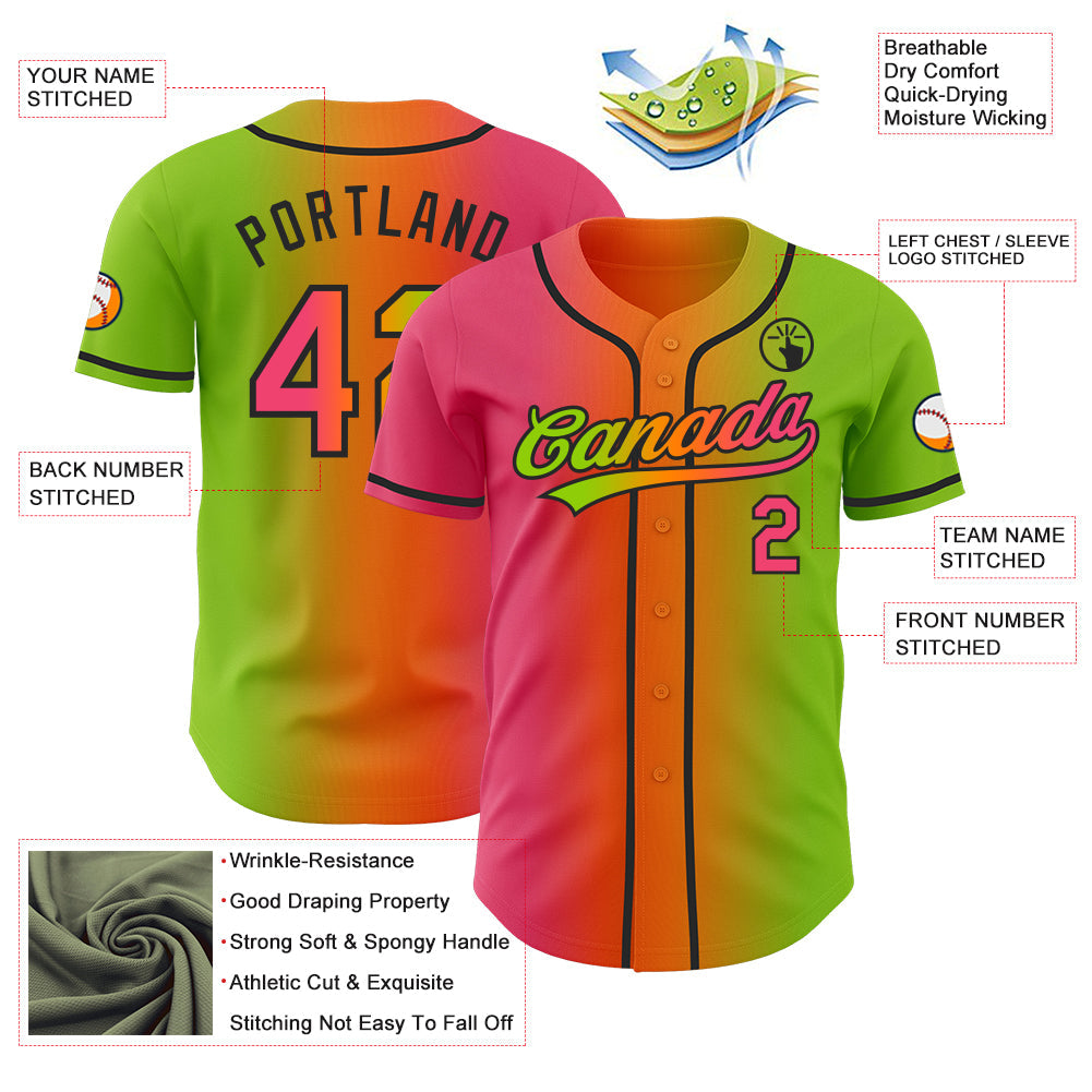 Custom Neon Green Neon Pink Bay Orange-Black Authentic Gradient Fashion Baseball Jersey