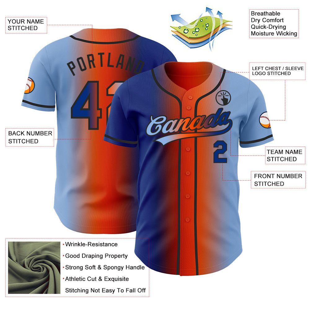 Custom Light Blue Royal Orange-Black Authentic Gradient Fashion Baseball Jersey
