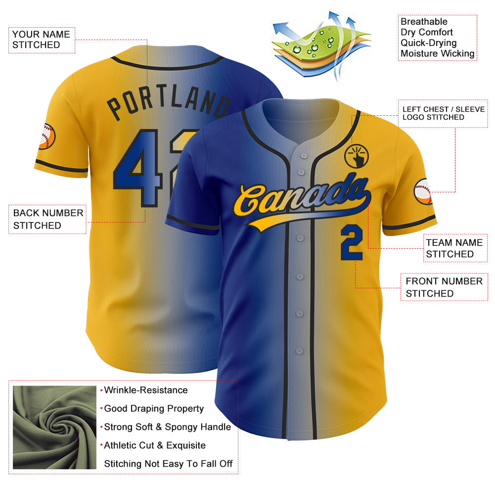 Custom Gold Royal Gray-Black Authentic Gradient Fashion Baseball Jersey
