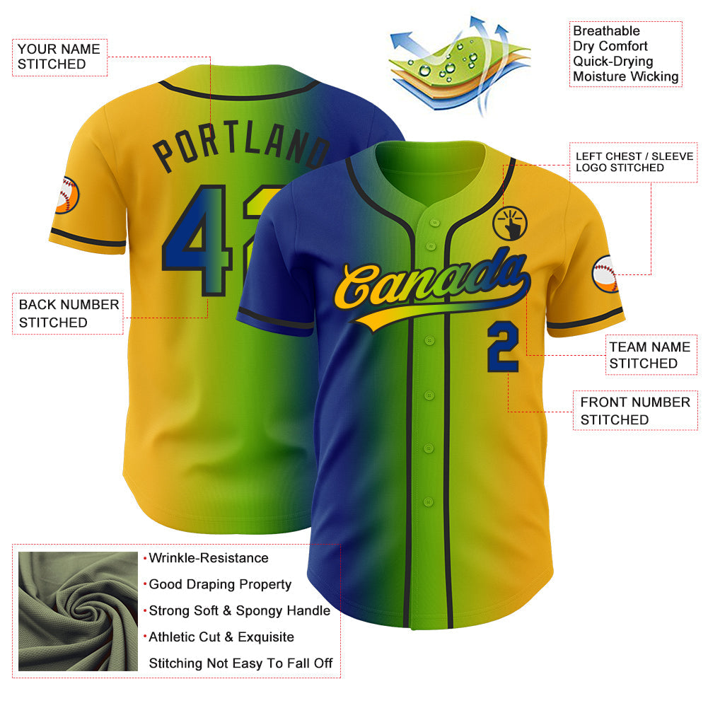 Custom Gold Royal Neon Green-Black Authentic Gradient Fashion Baseball Jersey