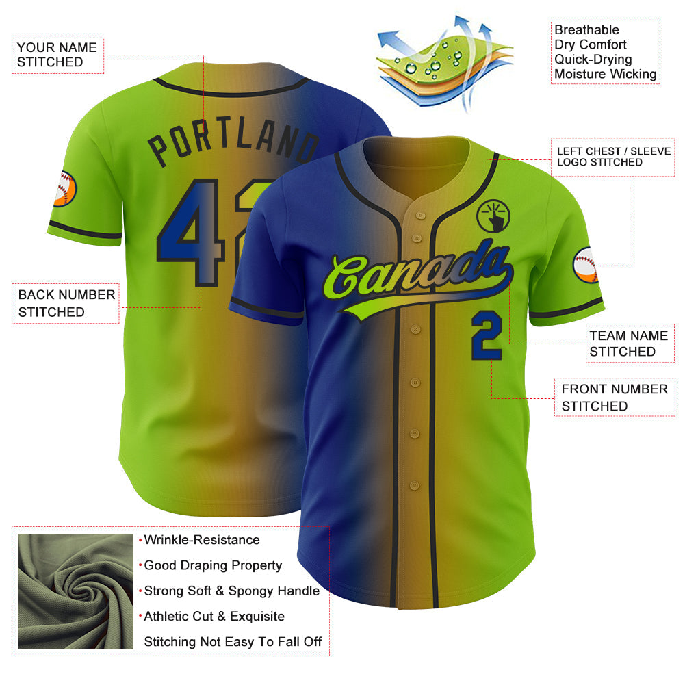 Custom Neon Green Royal Old Gold-Black Authentic Gradient Fashion Baseball Jersey