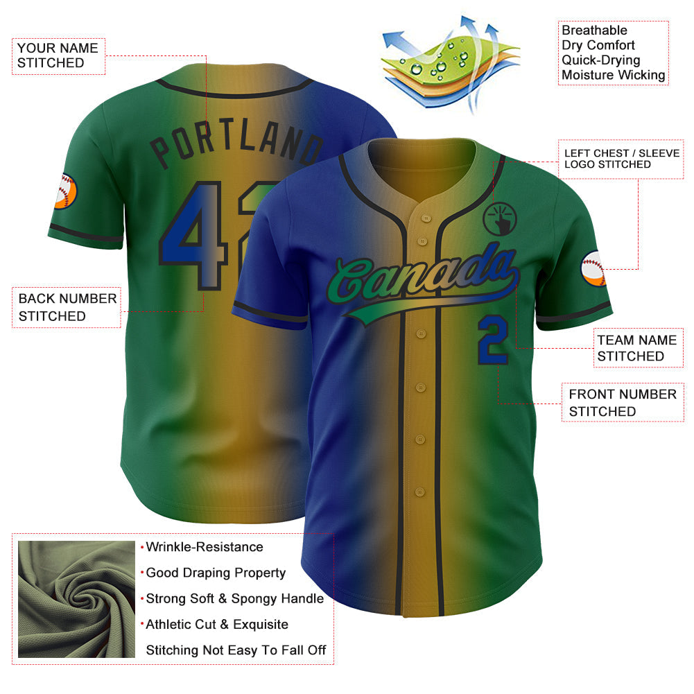 Custom Kelly Green Royal Old Gold-Black Authentic Gradient Fashion Baseball Jersey