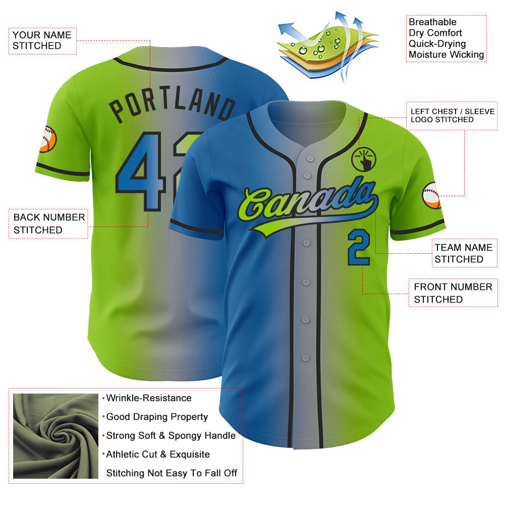 Custom Neon Green Blue Gray-Black Authentic Gradient Fashion Baseball Jersey