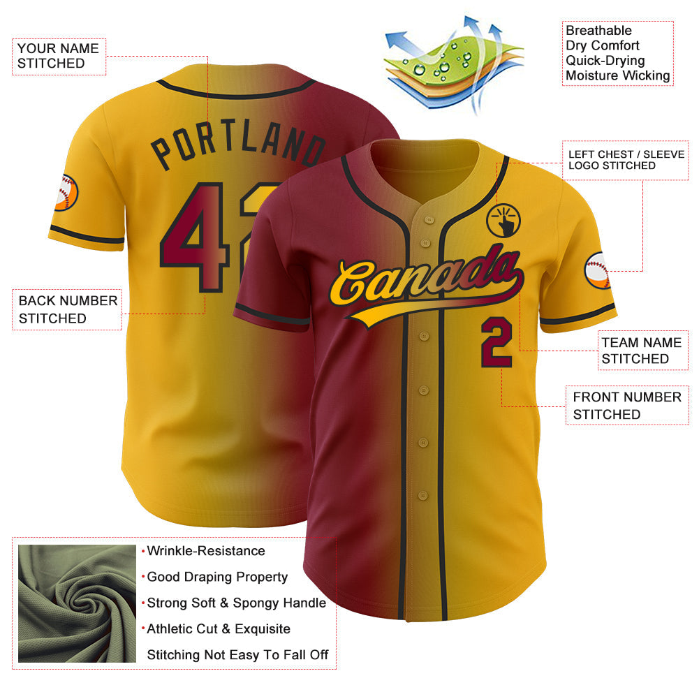 Custom Gold Maroon Old Gold-Black Authentic Gradient Fashion Baseball Jersey